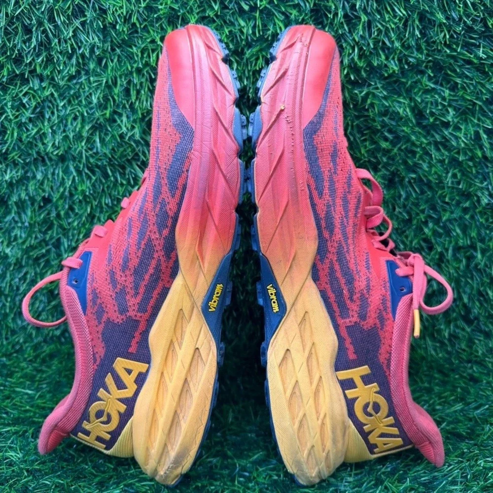 Hoka Speedgoat 5 Mens 12D Trail Running Shoes Red Yellow Vibram 1123157 FRYL